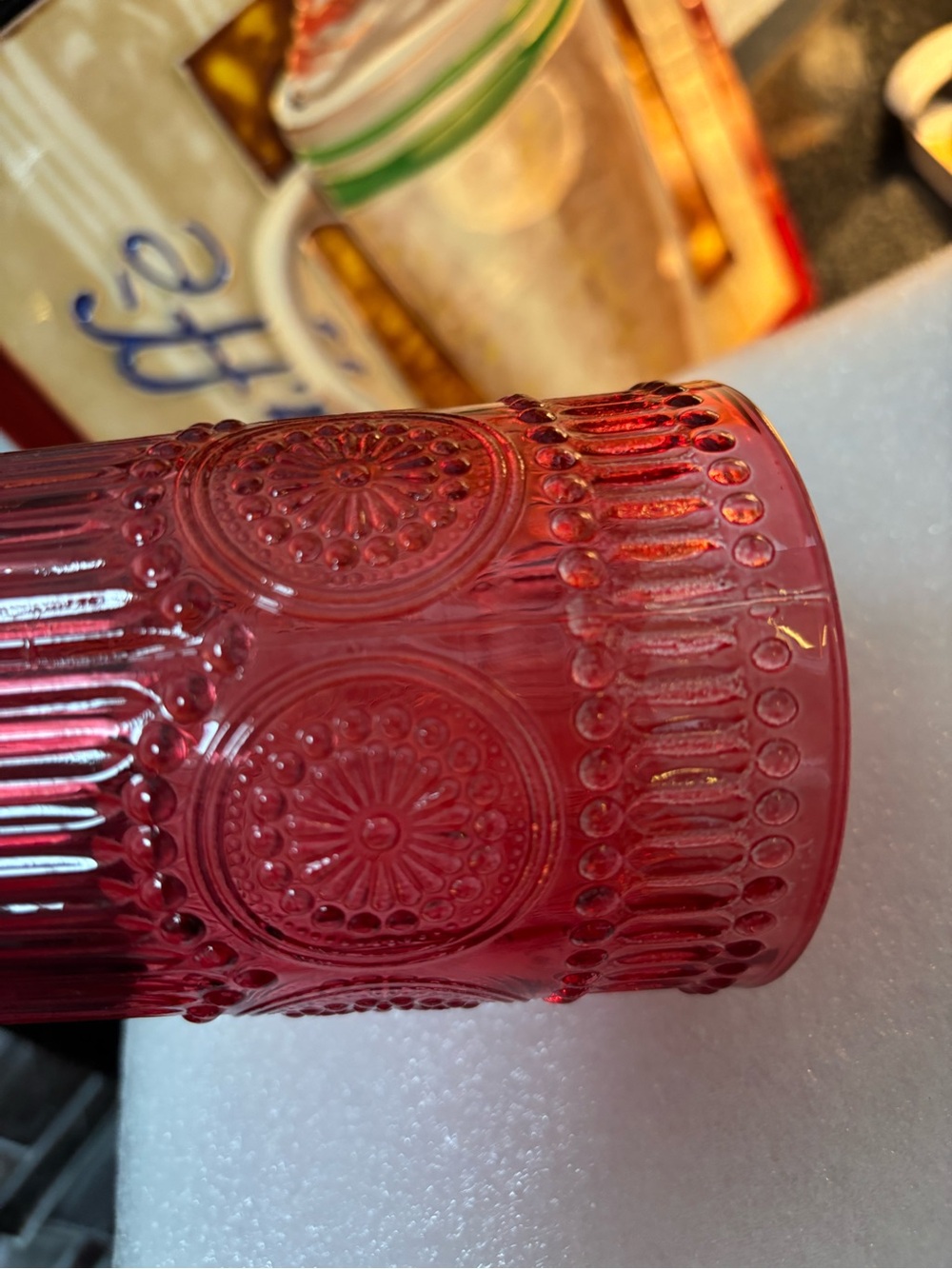 Set of 6 Decorative Red Pressed Glass Tumblers - Picture 3 of 5